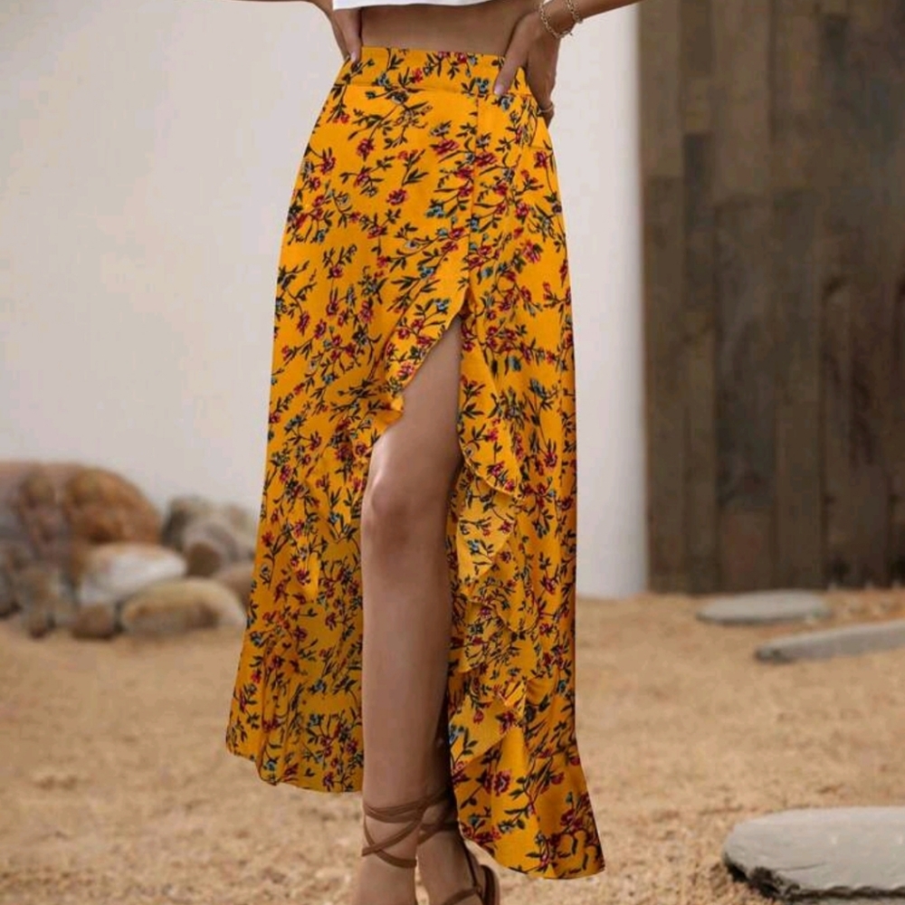 Floral Print Ruffle Trim Asymmetrical Hem Skirt,Ladies Boho Ruffle - Picture 3 of 4